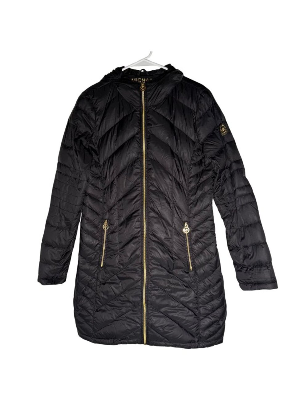 MICHAEL Michael Kors Packable Down Fill Chevron Hooded Puffer Coat Black Size S